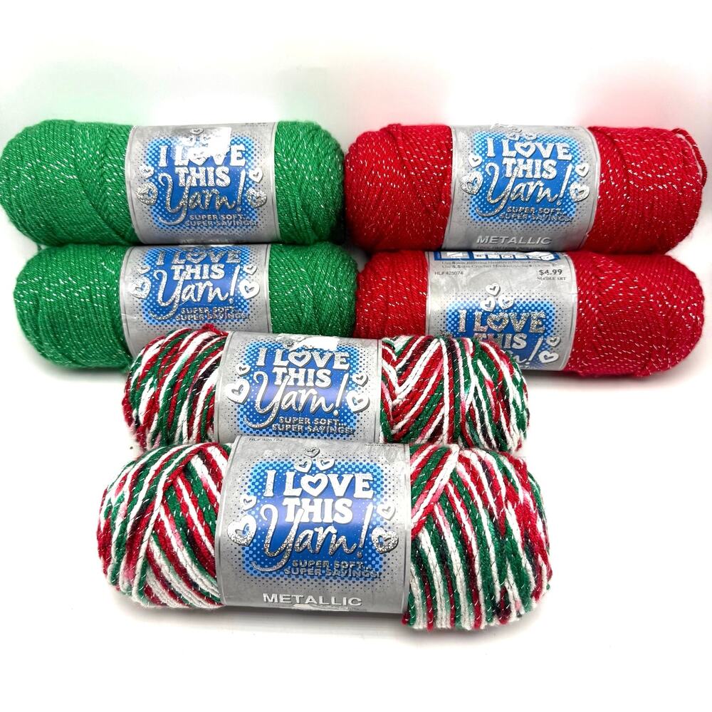 I Love This Yarn Metallic Christmas Yarn 6 Skeins Acrylic Red Green Multicolor